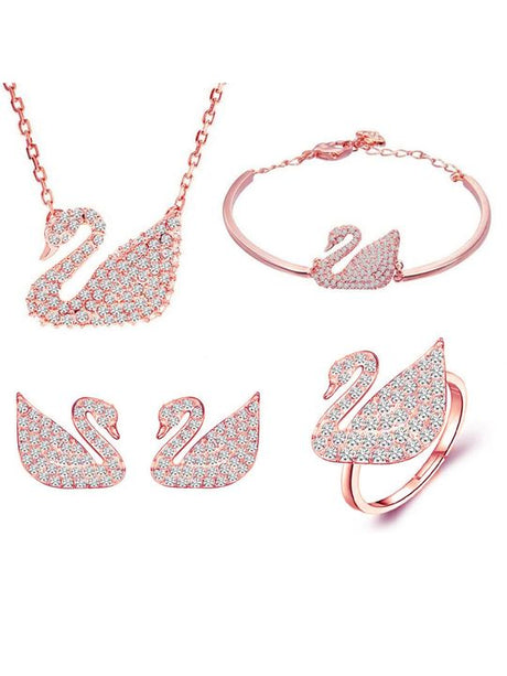 CZ Rose Gold Swan Jewelry Set - Pendant Bracelet Earrings Ring - Shop N Save