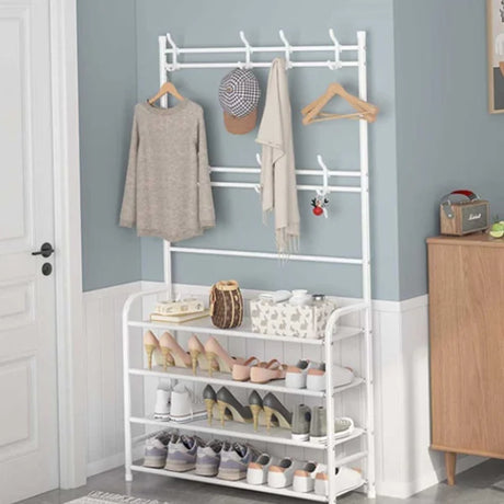 White Metal 4-Tier Shoe Rack &amp; Hat Coat Hanger Multipurpose Organizer with 8 Hooks Perfect for Entryways Bedrooms or Living Rooms - Shop N Save