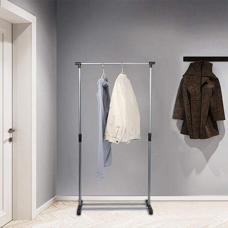 Portable Telescopic Single Pole Clothes Hanger Rack with Wheels Silver Stainless Steel Floor Installation Foldable - Shop N Save
