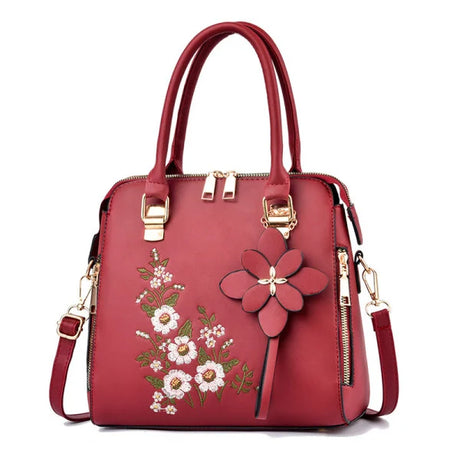 Classy Wine Red Floral Embroidered Handbag Women's Designer Zippered Fashion Accessory - Shop N Save