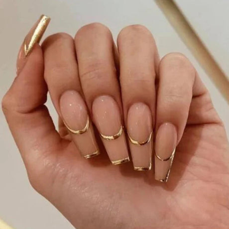 Gold Square Edge Shiny Fake Nails Set 24 Pcs of Glamorous Acrylic for Women to Rock Casual or Formal Occasions - Shop N Save