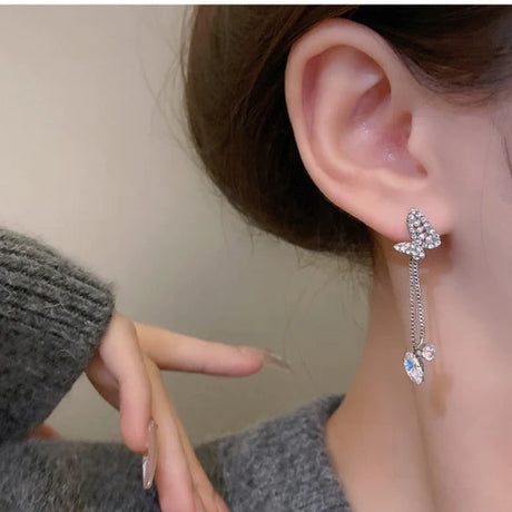 Crystal Patched Tassel Earrings Pair - Silver - Shop N Save