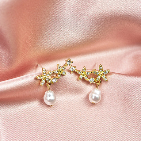 Golden Needle Earrings - Geometric Pearls, Korean Dongdaemun Style - Shop N Save