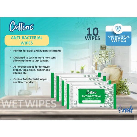 Collins Premium Antibacterial Wet Wipes 10 Sheets 3 Pack Unisex Baby Accessories Fabric Green - Shop N Save