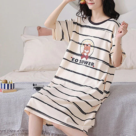 Beige Stripes Nightwear Dress - Soft, Short Sleeves, Midi Length - Shop N Save