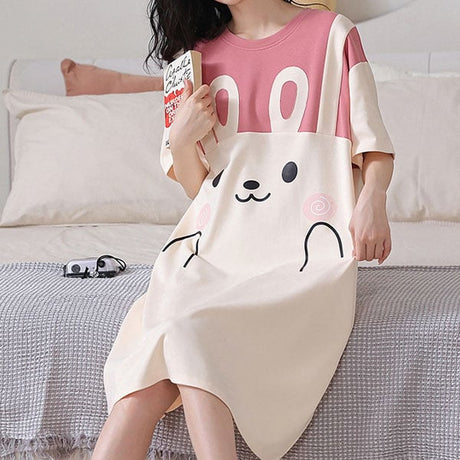 Cute Rabbit Print Midi Pajama Dress - Pink, Casual Sleepwear Women - Shop N Save