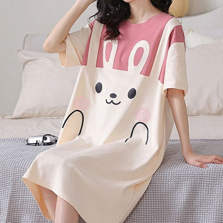 Cute Rabbit Print Midi Pajama Dress - Pink, Casual Sleepwear Women - Shop N Save