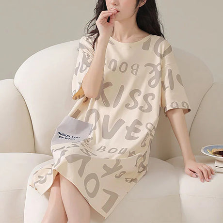 Khaki Alphabetic Print Midi Dress - Comfortable Pajama for Women - Shop N Save