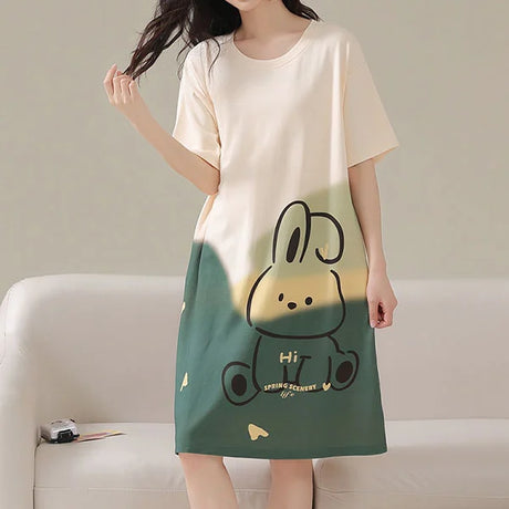Green Rabbit Print Midi Dress - Cute Sleepwear for Women - Shop N Save
