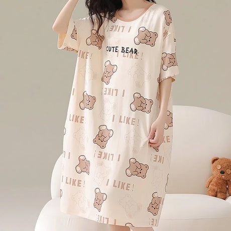 Comfy Bear Cartoon Print Midi Dress - Ideal Nightwear for Women - Shop N Save