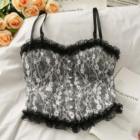 Flower Lace Stitching Zipper Camisole Design Top - Black - Shop N Save