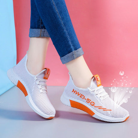 Mesh Lace-Up Sneakers for Men And Women Lightweight Breathable Non-Slip Soft And Comfortable Shoes For Walking Running Jogging Exercise Gym and Outdoor Office Shoes - Orange White