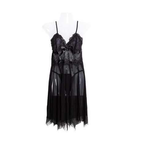 Night Sleep Dress Lace V-Neck For Women - Black