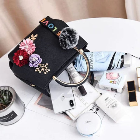 Elegant Floral Handbag: Black PU, Double Handle, Zipper Closure Chic - Shop N Save