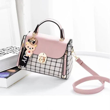 Pink Plaid Handbag: Cute, Stylish, Geometric Twist Lock, Adjustable Strap - Shop N Save