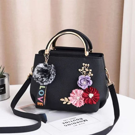 Elegant Floral Handbag: Black PU, Double Handle, Zipper Closure Chic - Shop N Save
