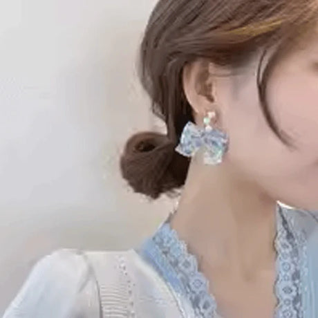 Small Floral Bow Ribbon Pearl Earrings - Blue - Shop N Save