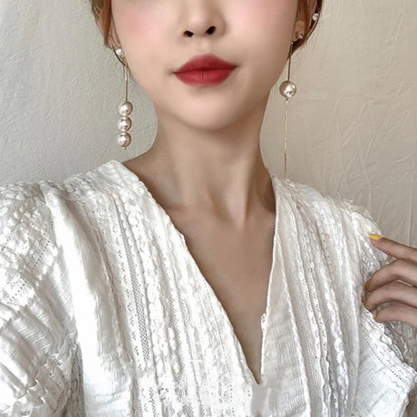 Ladies Pearl Tassel Elegant Earrings - White - Shop N Save