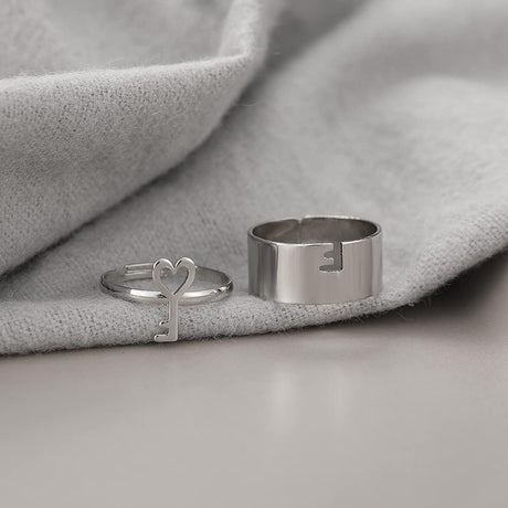 Couple Ring Set: Silver Heart Open Rings with Lock &amp; Key Design - Shop N Save