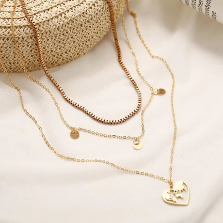 Girl Heart Map Alloy Multi Layer Fashion Necklace - Golden - Shop N Save