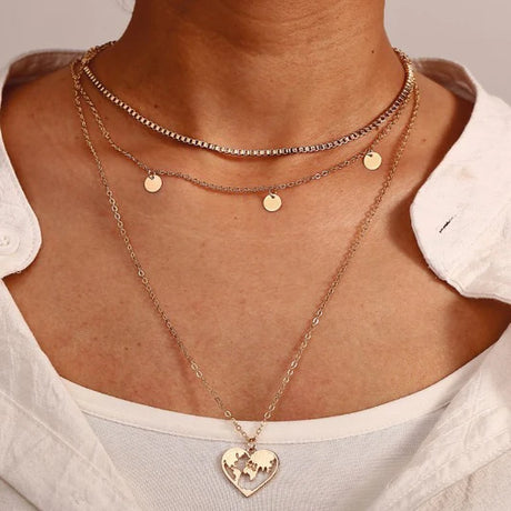 Girl Heart Map Alloy Multi Layer Fashion Necklace - Golden - Shop N Save