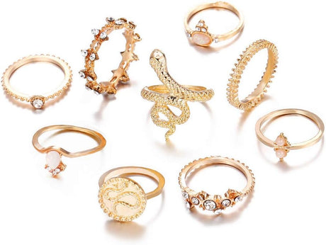 Gold Snake Ring Set - Boho Rhinestone Stackable Vintage Rings - Shop N Save