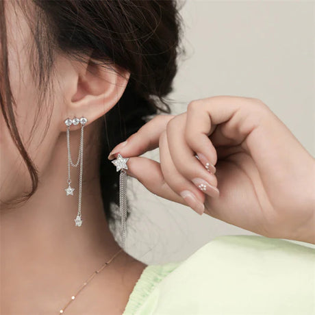 Star Asymmetrical Long Tassel Earrings - Silver - Shop N Save