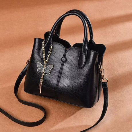Elegant Butterfly Tassel Black Ladies Handbag Casual Style Multiple Compartments Synthetic Leather Exterior &amp; Interior Double Handle - Shop N Save