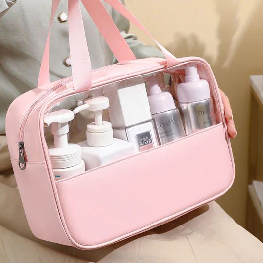 Pink Leather Travel Bag: Stylish Organizer for Cosmetics, Accessories, Toiletries - Shop N Save
