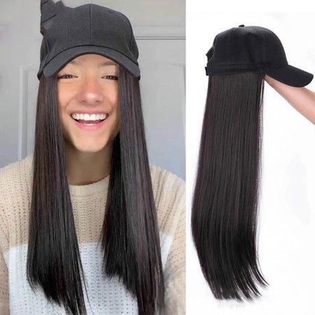 Cross-border summer hat wig for women all-in-one black long straight hair European and American new simulation long hair.