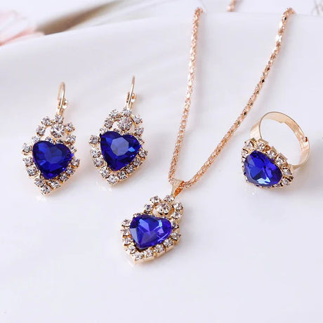 Blue Heart Crystal Trio: Necklace, Earrings &amp; Ring Set for Elegance - Shop N Save