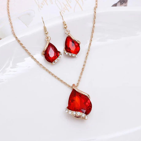 Red Polygon Diamond Set: Elegant Crystal Glass Necklace &amp; Earrings - Shop N Save
