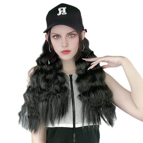 Cross-Border Wig with Chemical Fiber Long Hair and Wool Roll Baseball Hat