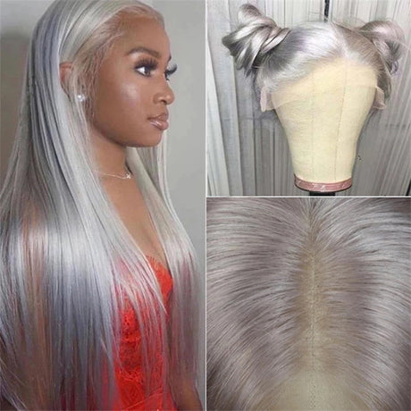 Silver Gray Front Lace Wig: Euro-American New Style, Long Straight Hair, Middle Part
