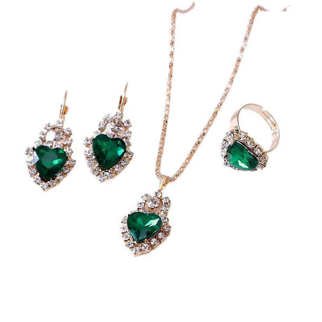 Green Heart Crystal Trio: Necklace, Earrings &amp; Ring Set for Elegance - Shop N Save