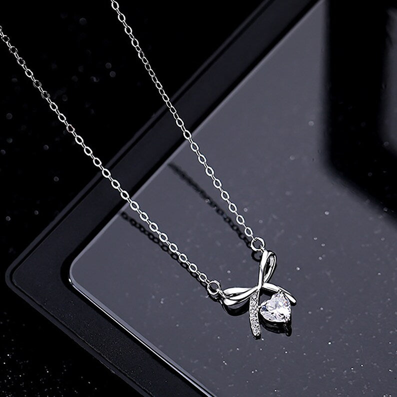 Diamond Love Necklace - Silver Bow Pendant, Minimalist Birthday Gift - Shop N Save