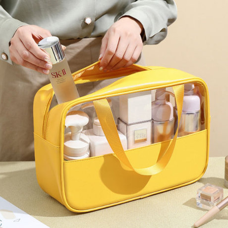 Yellow Zipper Travel Bag: Double Handle, Synthetic Leather, Stylish Organizer - Shop N Save