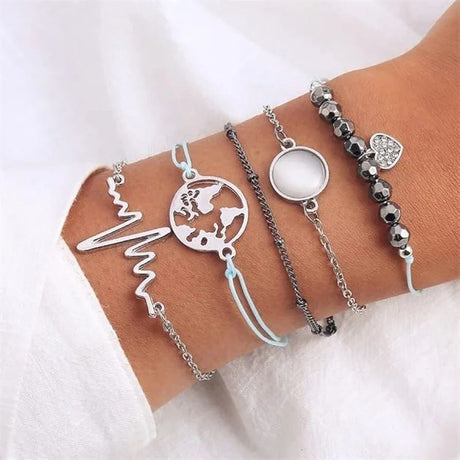 Retro Map Heart Bracelet Set - Multilayer Silver Fashion Jewelry - Shop N Save