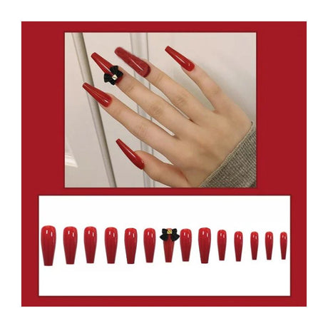 Black Red Pointed Length 12 PCs Fake Nails Set- BLACK RED - Shop N Save
