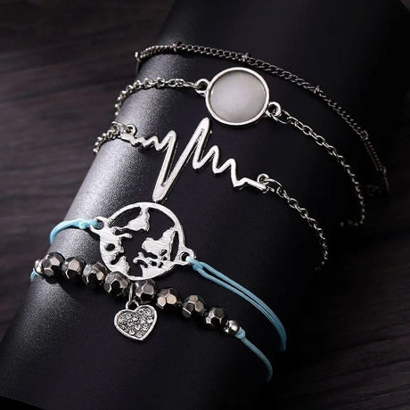 Retro Map Heart Bracelet Set - Multilayer Silver Fashion Jewelry - Shop N Save
