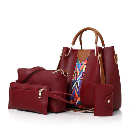 Stylish Wine Red Synthetic Leather Women\'s Shopping Handbag Set (4 Pieces) - Shop N Save