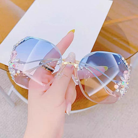 Women Fashion Diamond Rimless Sunglasses - Blue Pink - Shop N Save