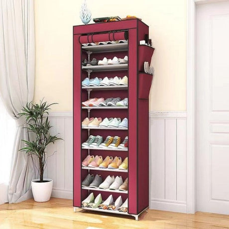 9 Layer Simple Dustproof Storage Shoe Cabinet Rack - Wine Red - Shop N Save