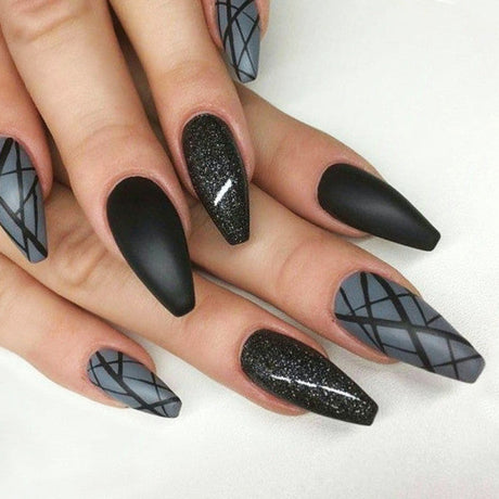 Pointed Printed Two Tone Contrast 12 PCs Fake Nails Set - MULTI COLOR - Shop N Save