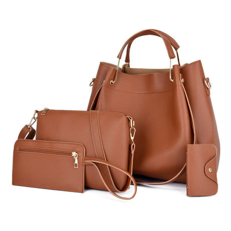 Stylish Brown Synthetic Leather Four Piece Handbag Set with Large Capacity and Adjustable Strap for Casual Office Fashion - Shop N Save