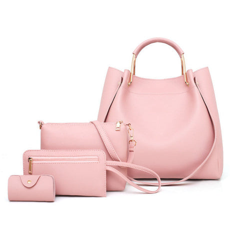 Stylish Pink Synthetic Leather Handbags for Women Large Capacity Adjustable Strap Zipper Closure 4-Piece Set - Shop N Save