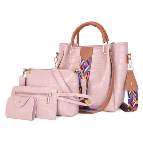 Stylish Crocodile Pattern Pink Faux Leather 4-Piece Women\'s Handbag Set with Double Handle and Canvas Interior - Shop N Save