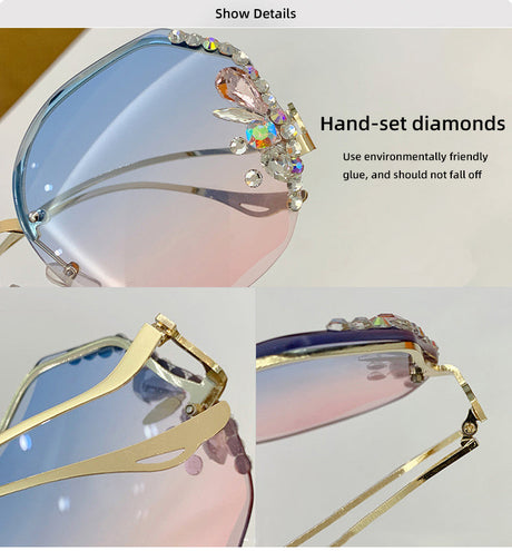 Women Fashion Diamond Rimless Sunglasses - Blue Pink - Shop N Save