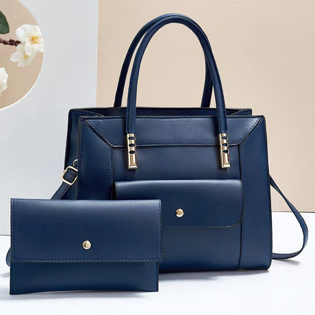 Premium PU Leather Zipper Closure Two Pieces Bag Set - Dark Blue - Shop N Save